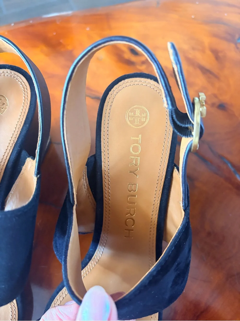 Tory Burch Black Suede Block Heel Slingback Sandals
